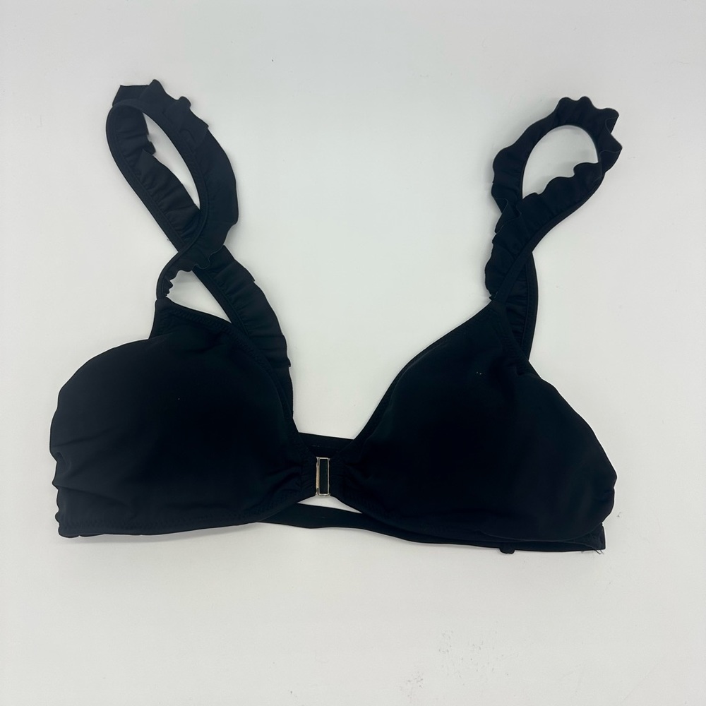 Victoria's Secret SWIM Black Ruffle Plunge Bikini Top Removable Pads Size Small